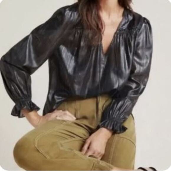 Anthropologie Current Air Bristol Metallic Top Black Medium Whimsygoth Witchy - Picture 2 of 11